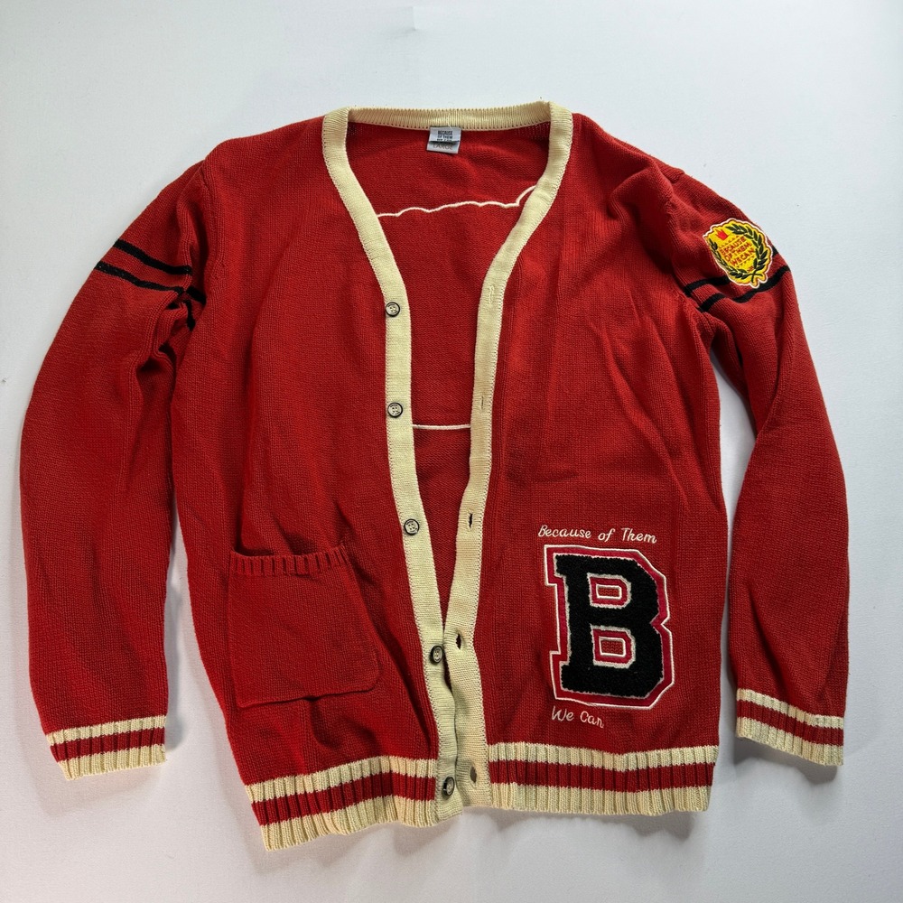 Because of Them We Can Varsity Cardigan Sweater Women Large Red Cotton Letterman